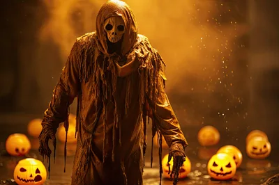 Scary Grim Reaper Figure Standing Among Glowing Jack O Lanterns