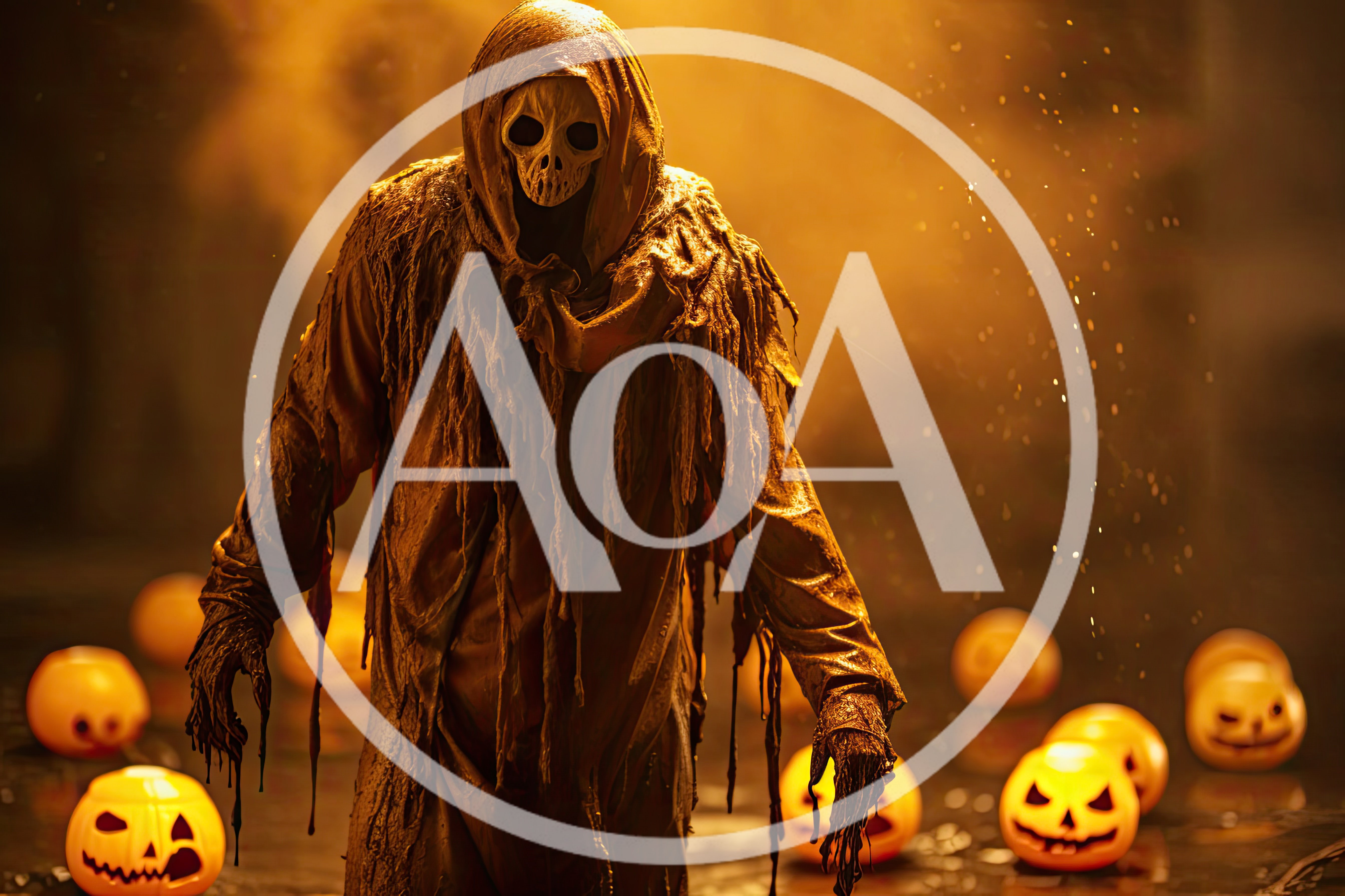 Scary Grim Reaper Figure Standing Among Glowing Jack O Lanterns