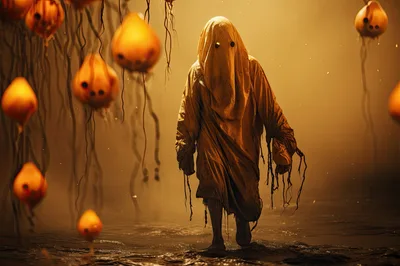 Eerie Hooded Figure Walking Through A Surreal Glowing Forest