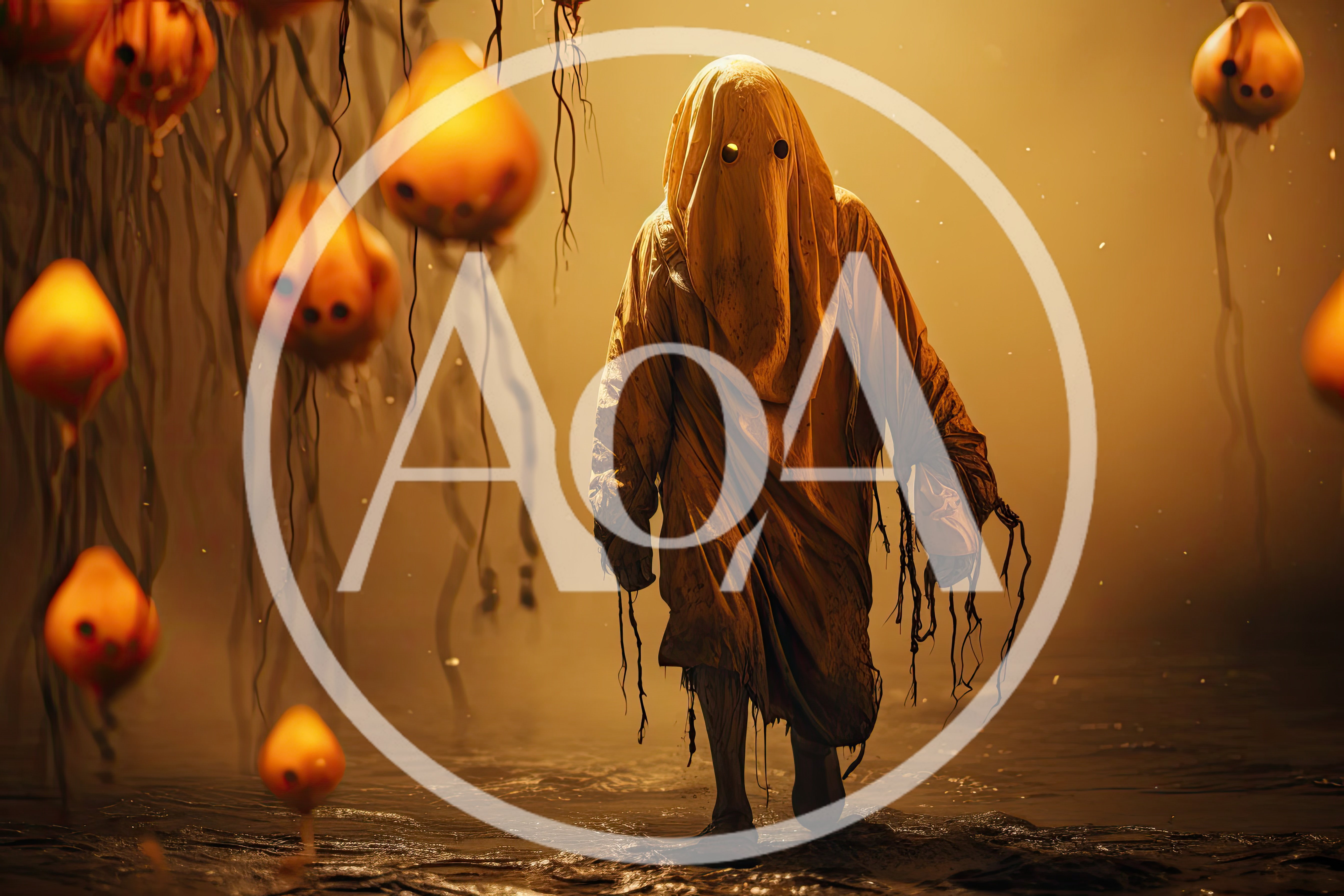 Eerie Hooded Figure Walking Through A Surreal Glowing Forest