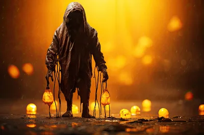 Dark Hooded Figure Holding Glowing Orbs