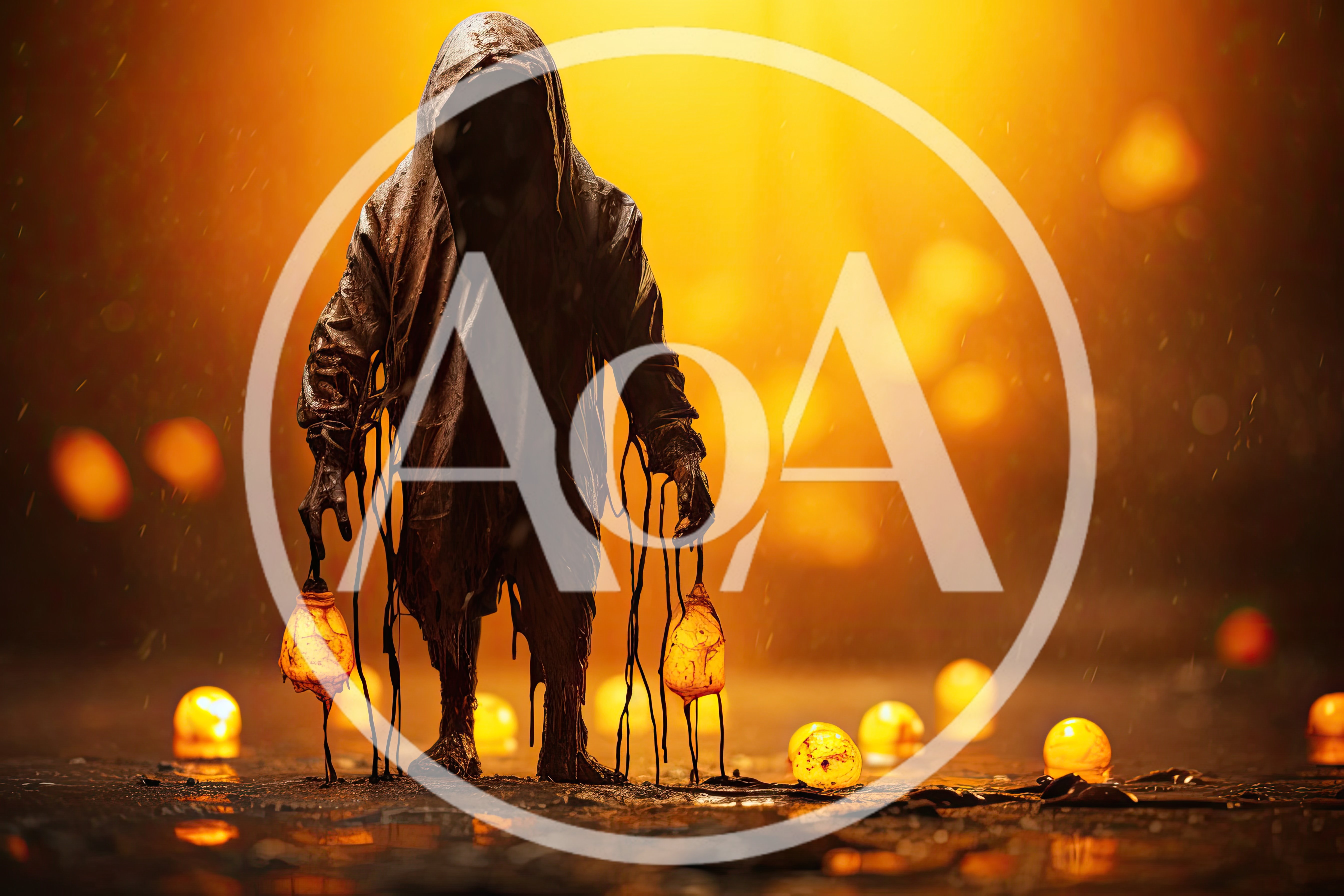 Dark Hooded Figure Holding Glowing Orbs