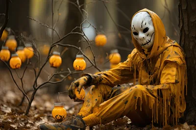 Person in Yellow Costume and Mask Sitting in Forest
