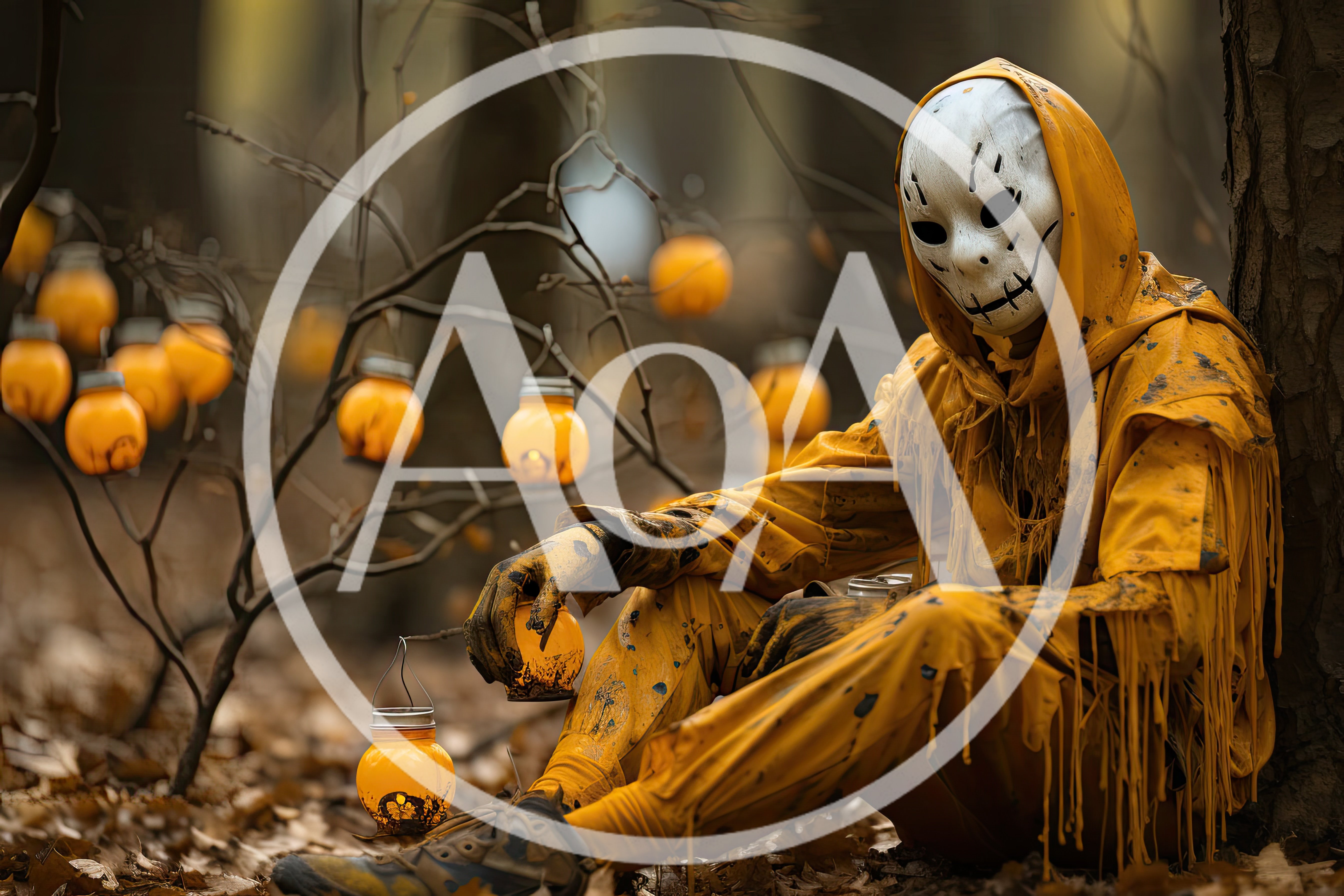 Person in Yellow Costume and Mask Sitting in Forest