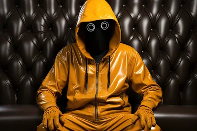 Mysterious Figure In Yellow Vinyl Hoodie Sitting On Leather Sofa