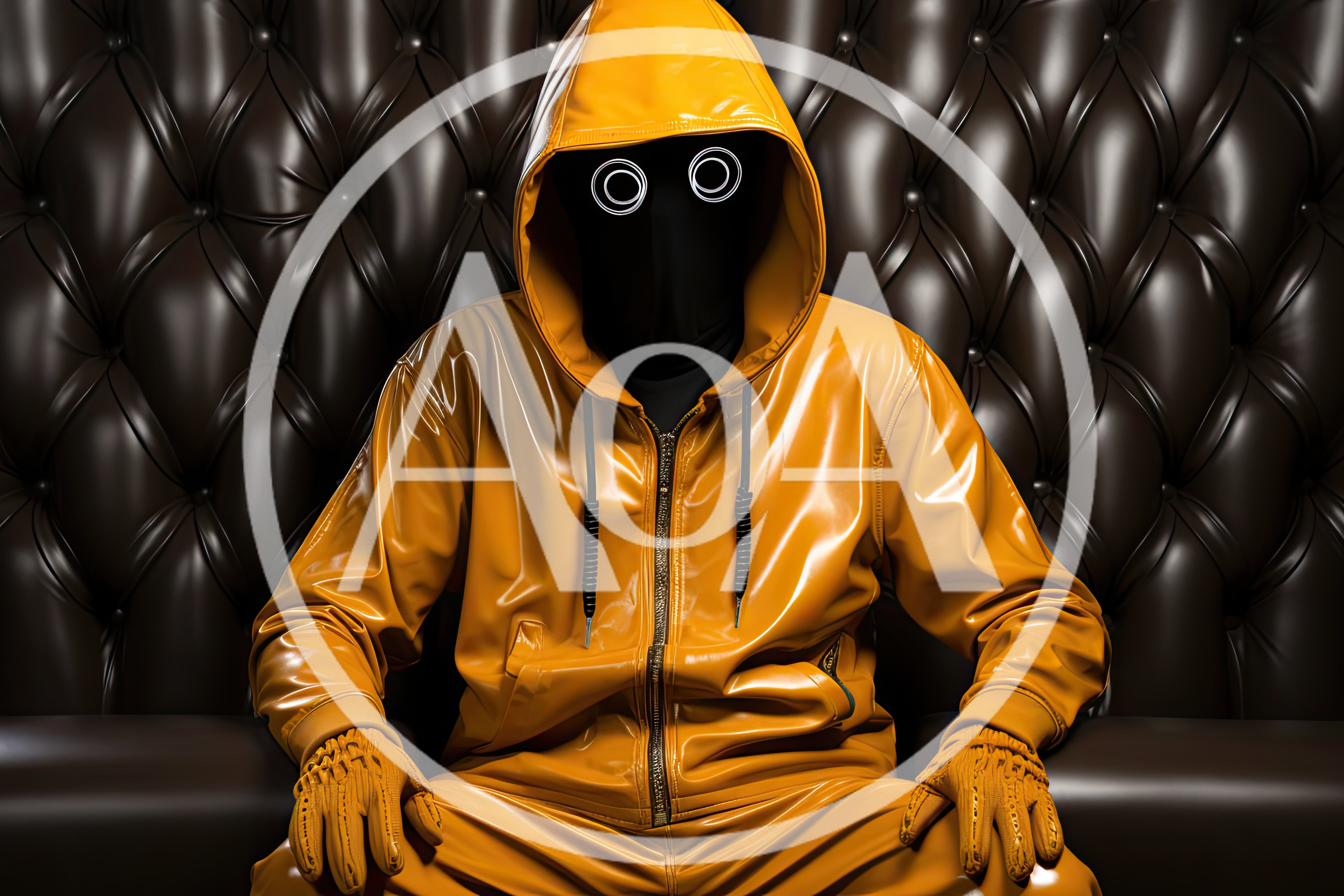 Mysterious Figure In Yellow Vinyl Hoodie Sitting On Leather Sofa
