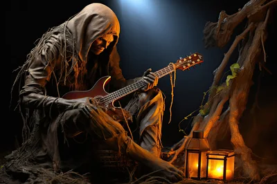 Grim Reaper Figure Playing Electric Guitar in Dark Forest
