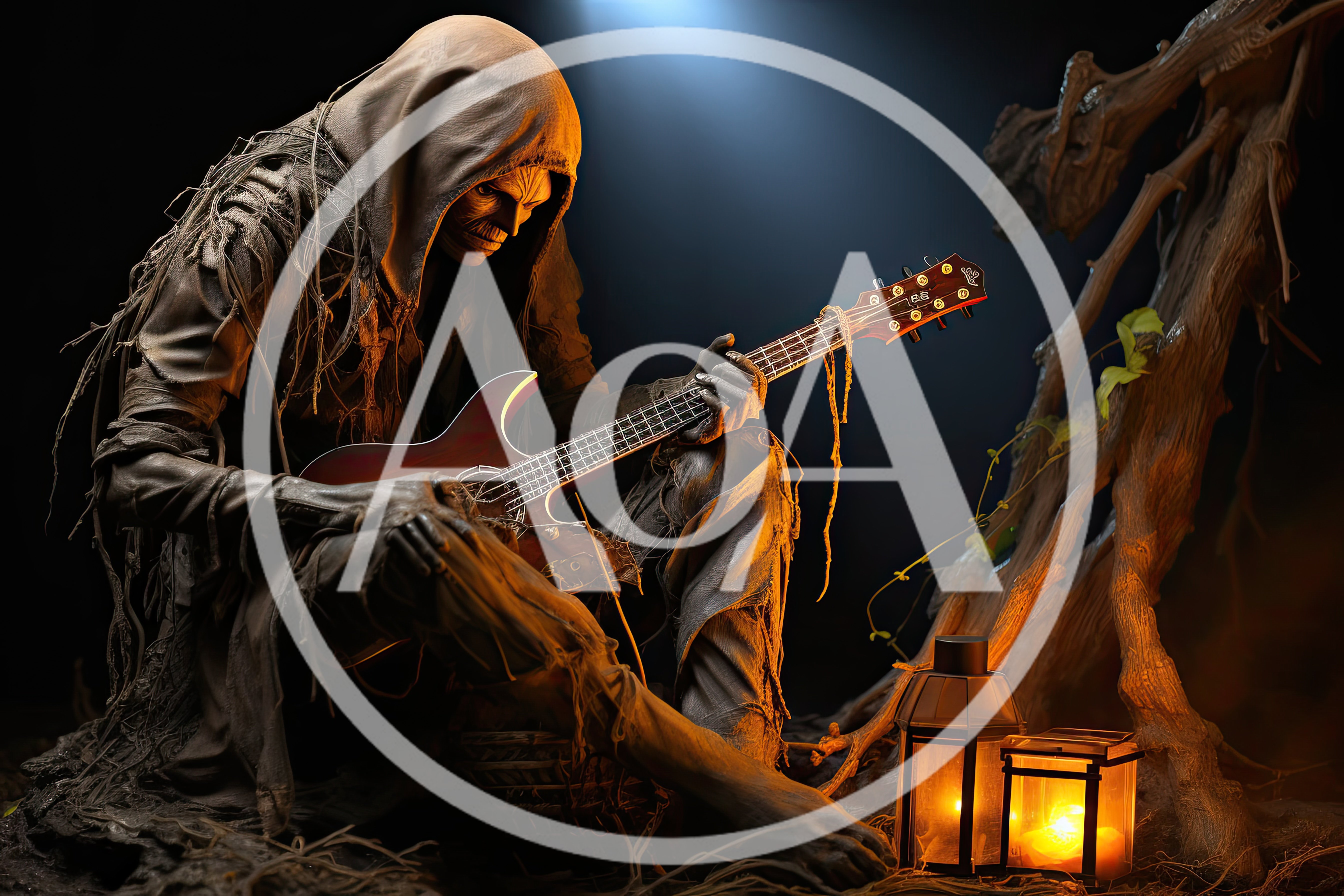 Grim Reaper Figure Playing Electric Guitar in Dark Forest