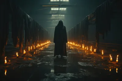 Hooded Figure Standing In A Dark Candlelit Warehouse