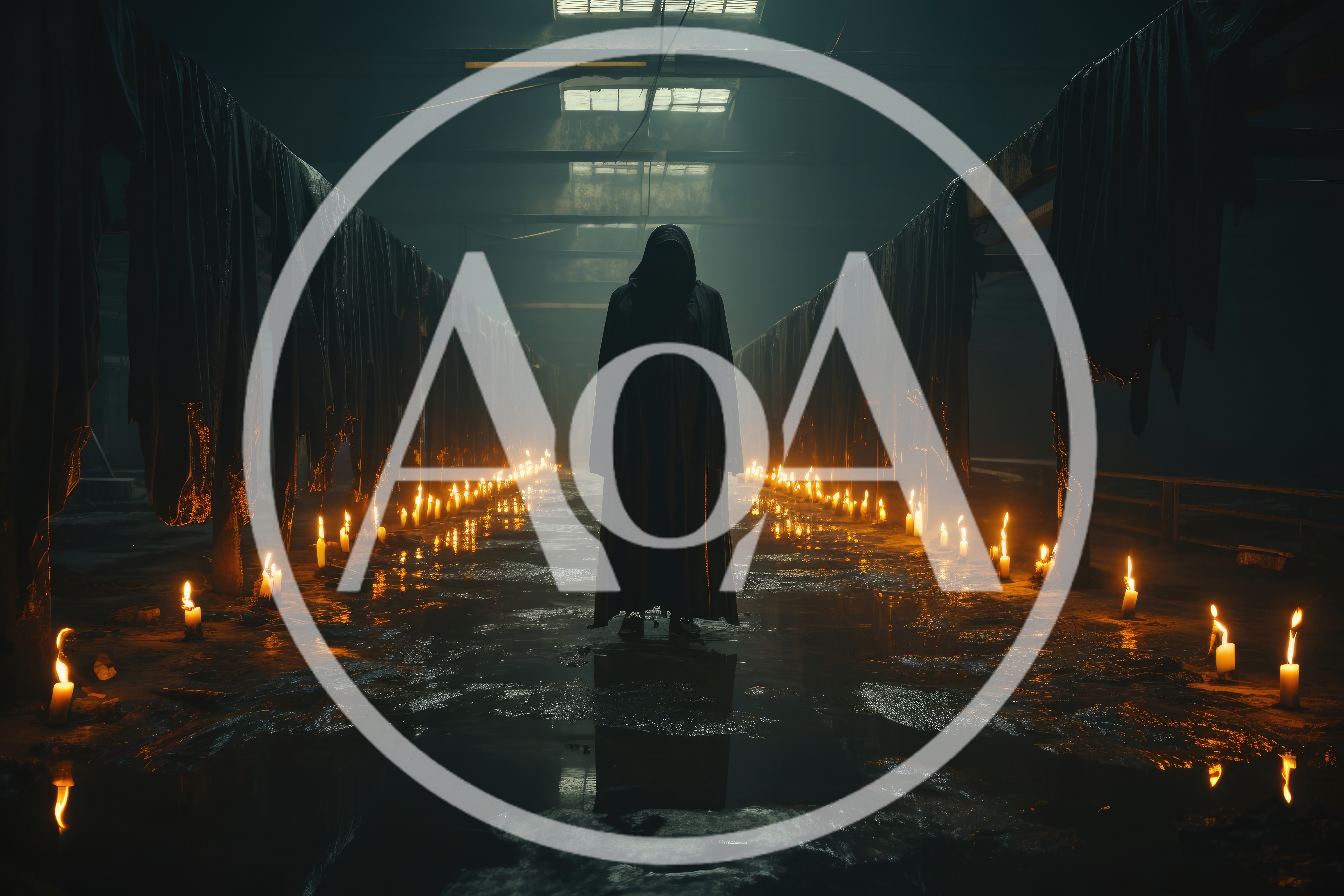 Hooded Figure Standing In A Dark Candlelit Warehouse