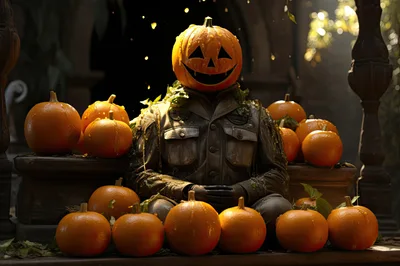 Jack O Lantern Figure Sitting Among Pumpkins