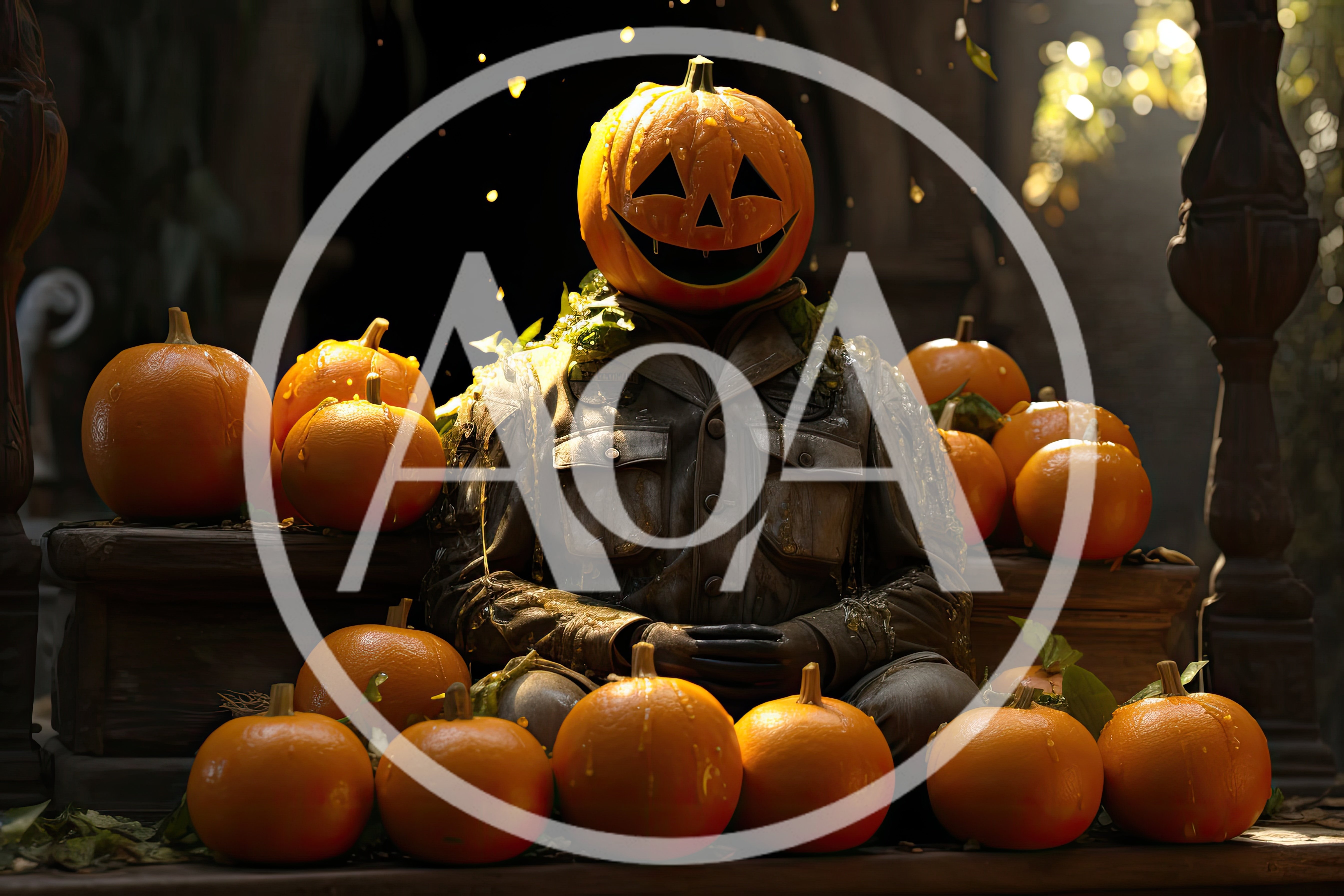 Jack O Lantern Figure Sitting Among Pumpkins