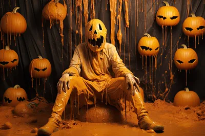 Melting Pumpkin Head Character Sitting In Goo