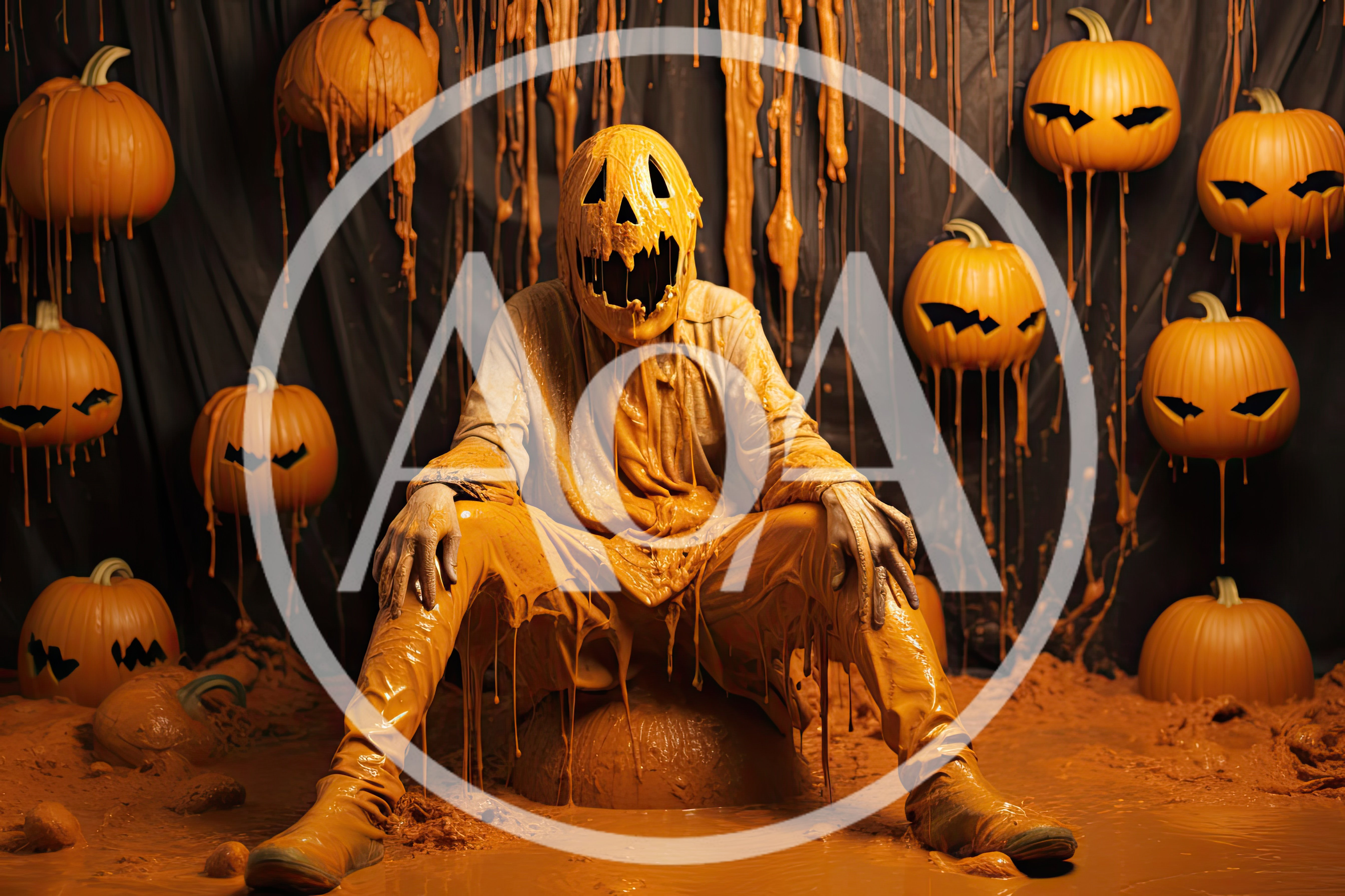 Melting Pumpkin Head Character Sitting In Goo