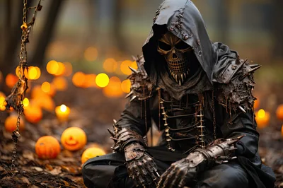 Grim Reaper Figure Sitting Among Glowing Halloween Pumpkins