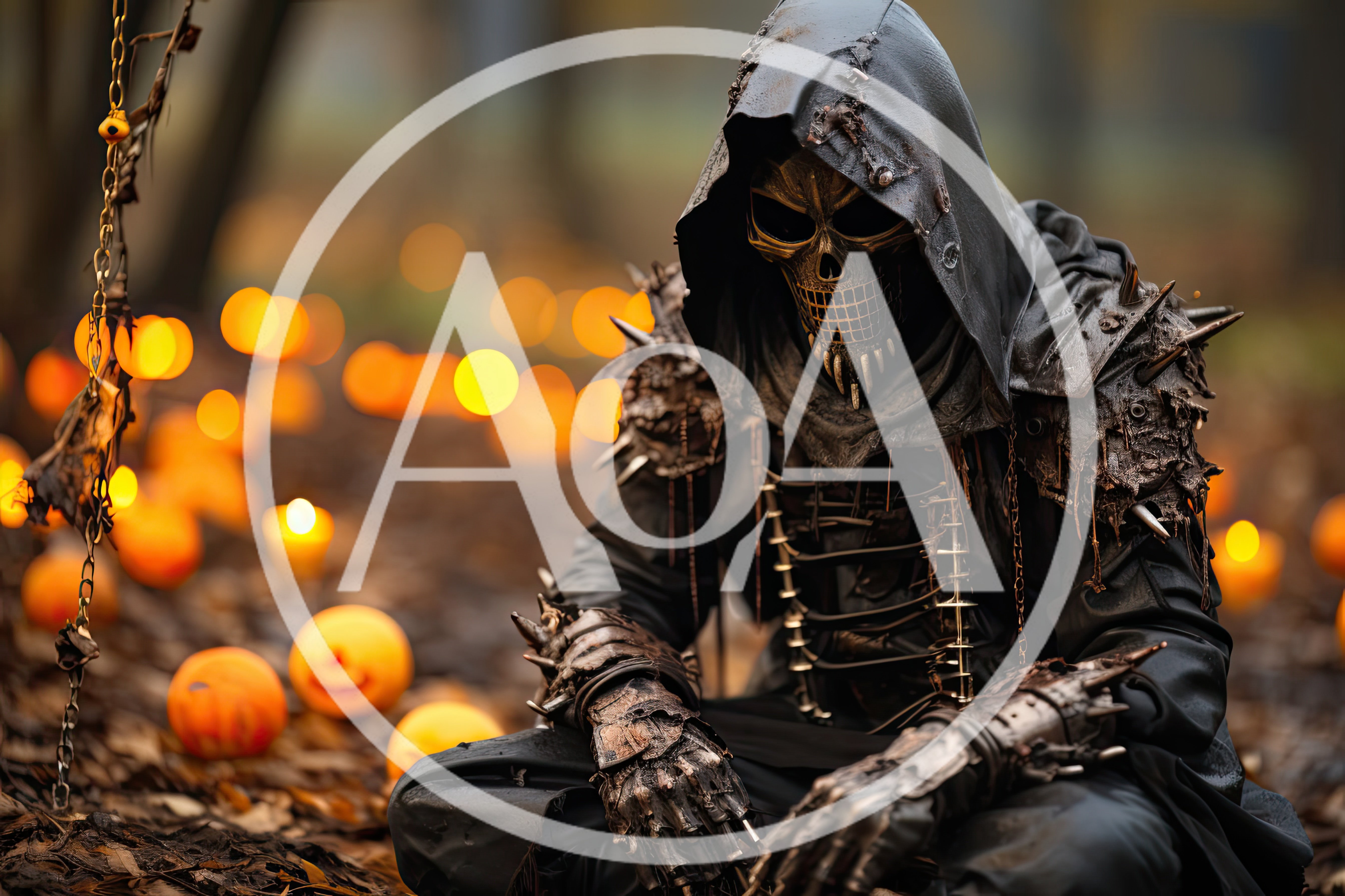 Grim Reaper Figure Sitting Among Glowing Halloween Pumpkins