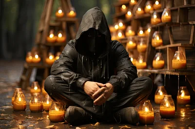 Mysterious Hooded Figure Sitting Among Glowing Candles