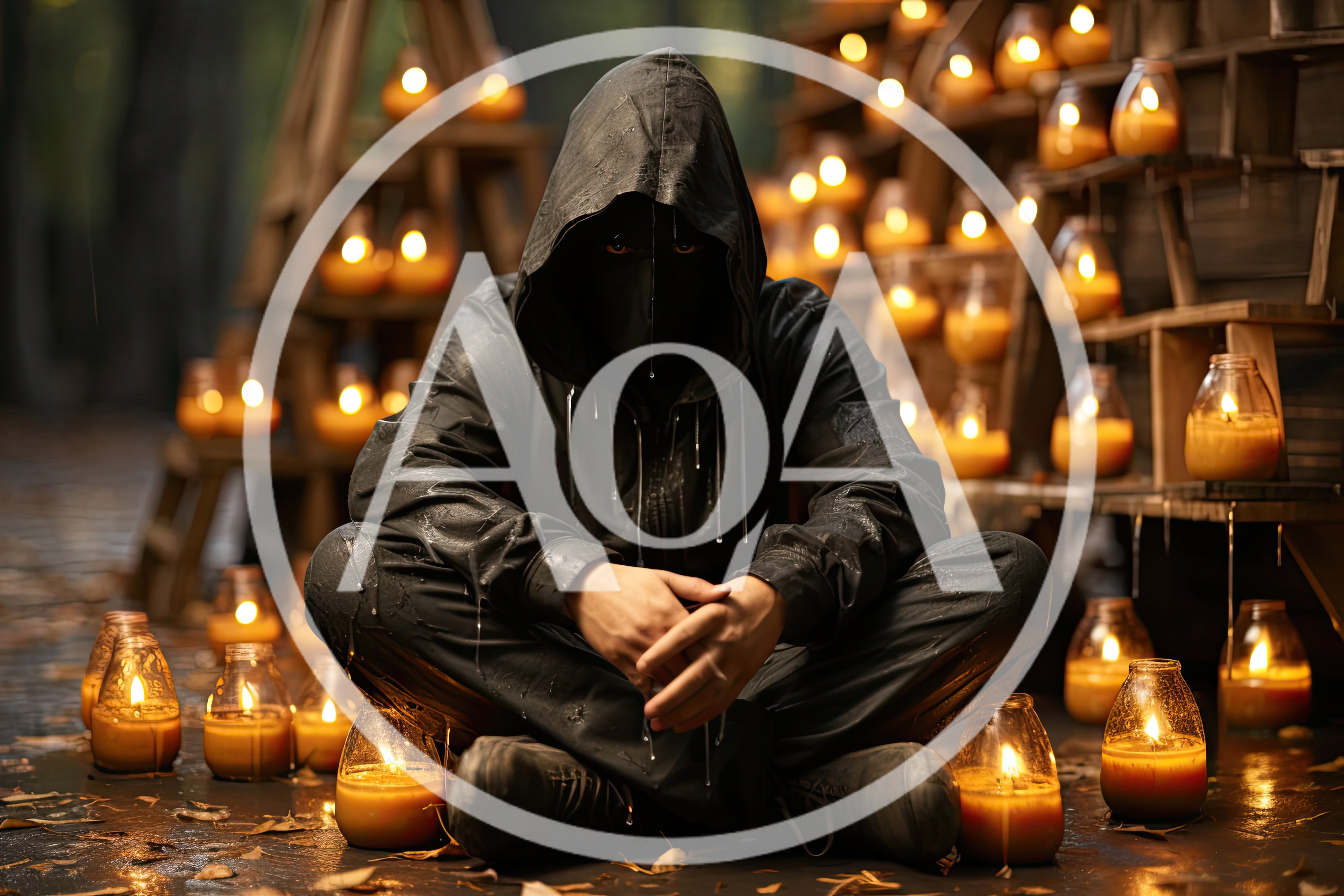 Mysterious Hooded Figure Sitting Among Glowing Candles