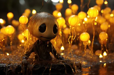 Surreal Character Emerging From Glowing Golden Jelly Forest