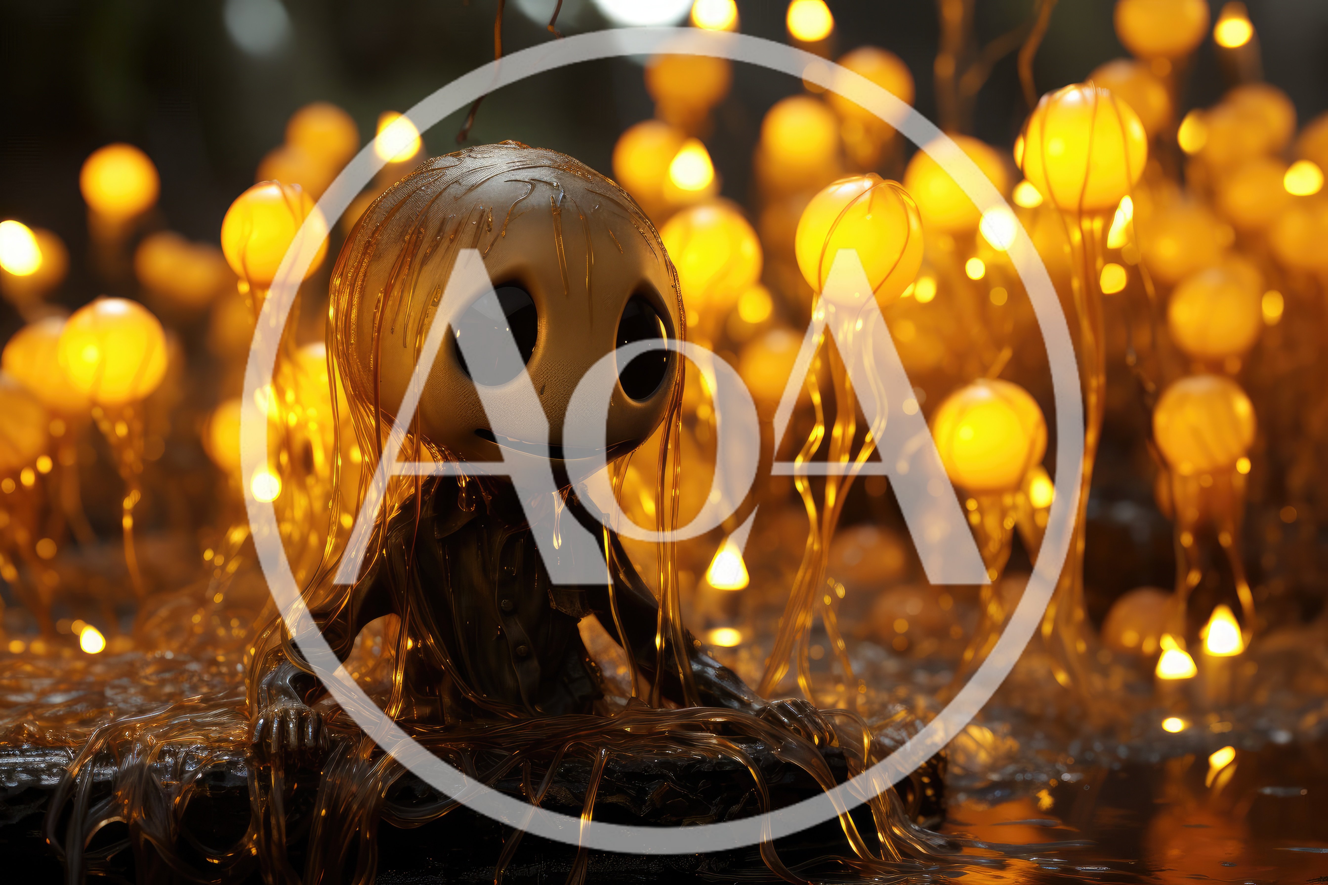 Surreal Character Emerging From Glowing Golden Jelly Forest