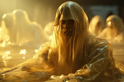 Eerie Figures Draped In Translucent Plastic Sheets