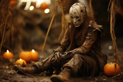 Scarecrow Figure Sitting Among Pumpkins In Dark Field