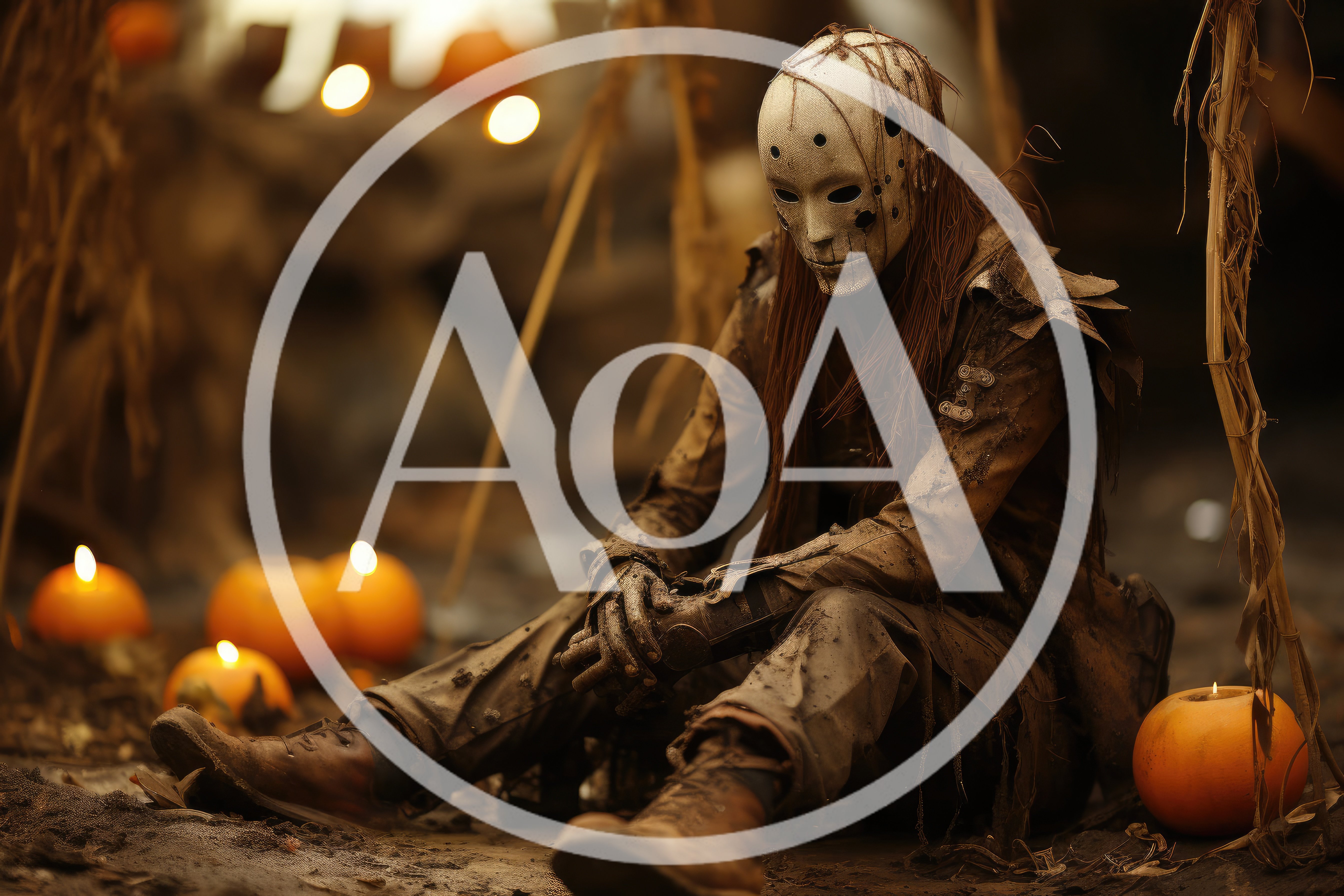 Scarecrow Figure Sitting Among Pumpkins In Dark Field
