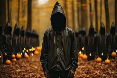 Mysterious Figures in Hooded Jackets Standing in Autumn Forest