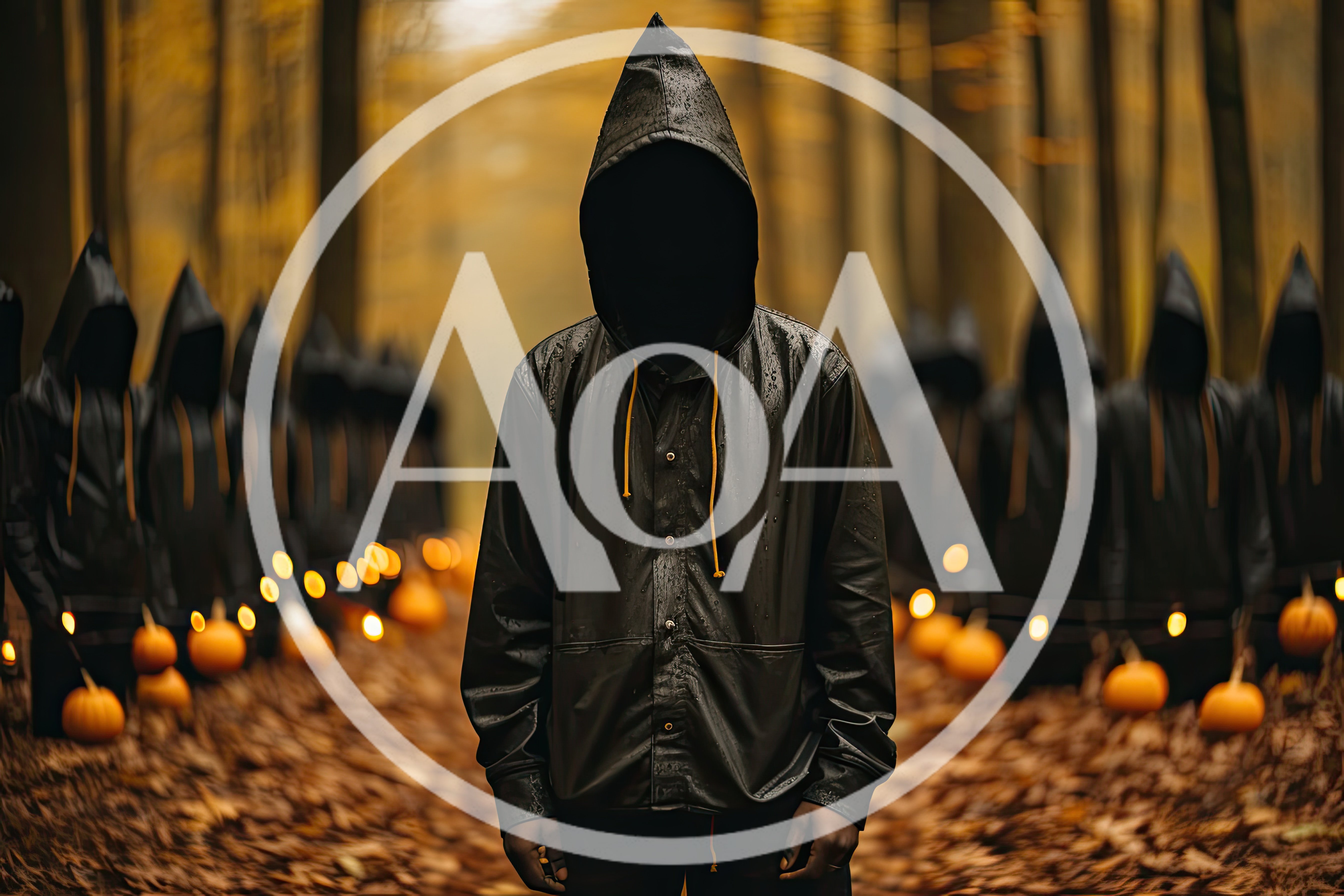 Mysterious Figures in Hooded Jackets Standing in Autumn Forest