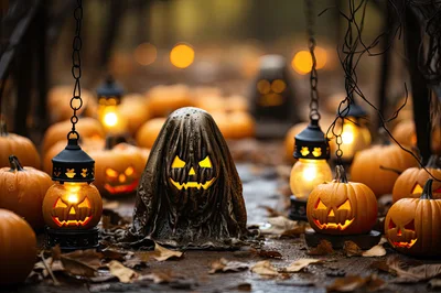 Spooky Halloween Pumpkin Display With Glowing Lanterns