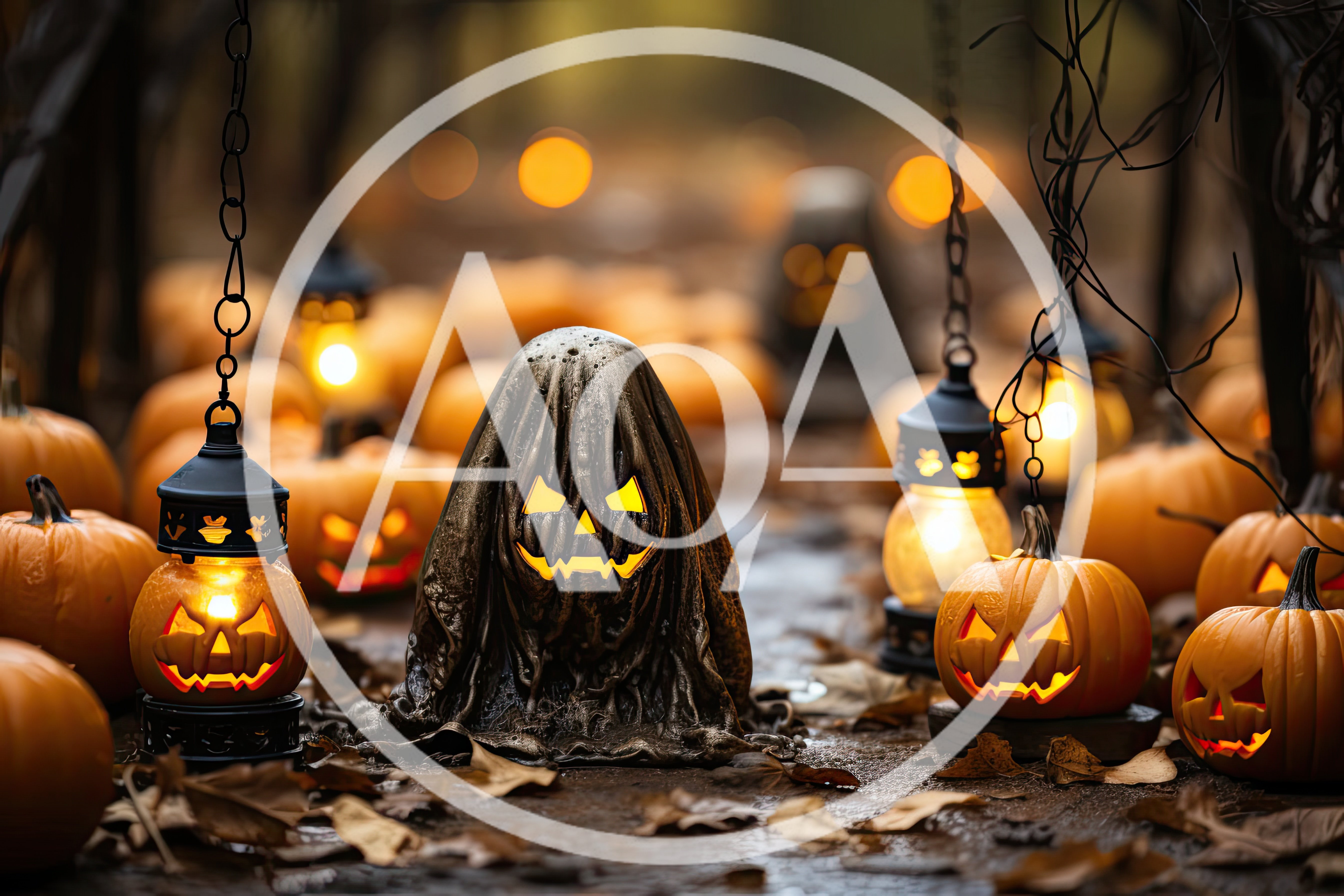 Spooky Halloween Pumpkin Display With Glowing Lanterns