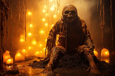 Creepy Skeleton Creature Sitting In A Glowing Swamp