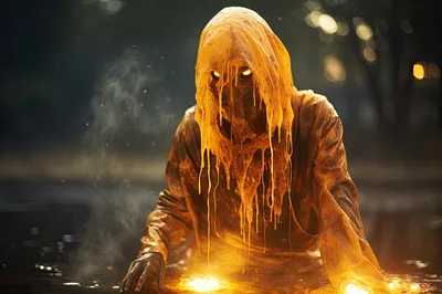 Eerie Hooded Figure Emerging From Glowing Liquid