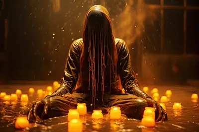 Mysterious Hooded Figure Meditating Amidst Glowing Candles