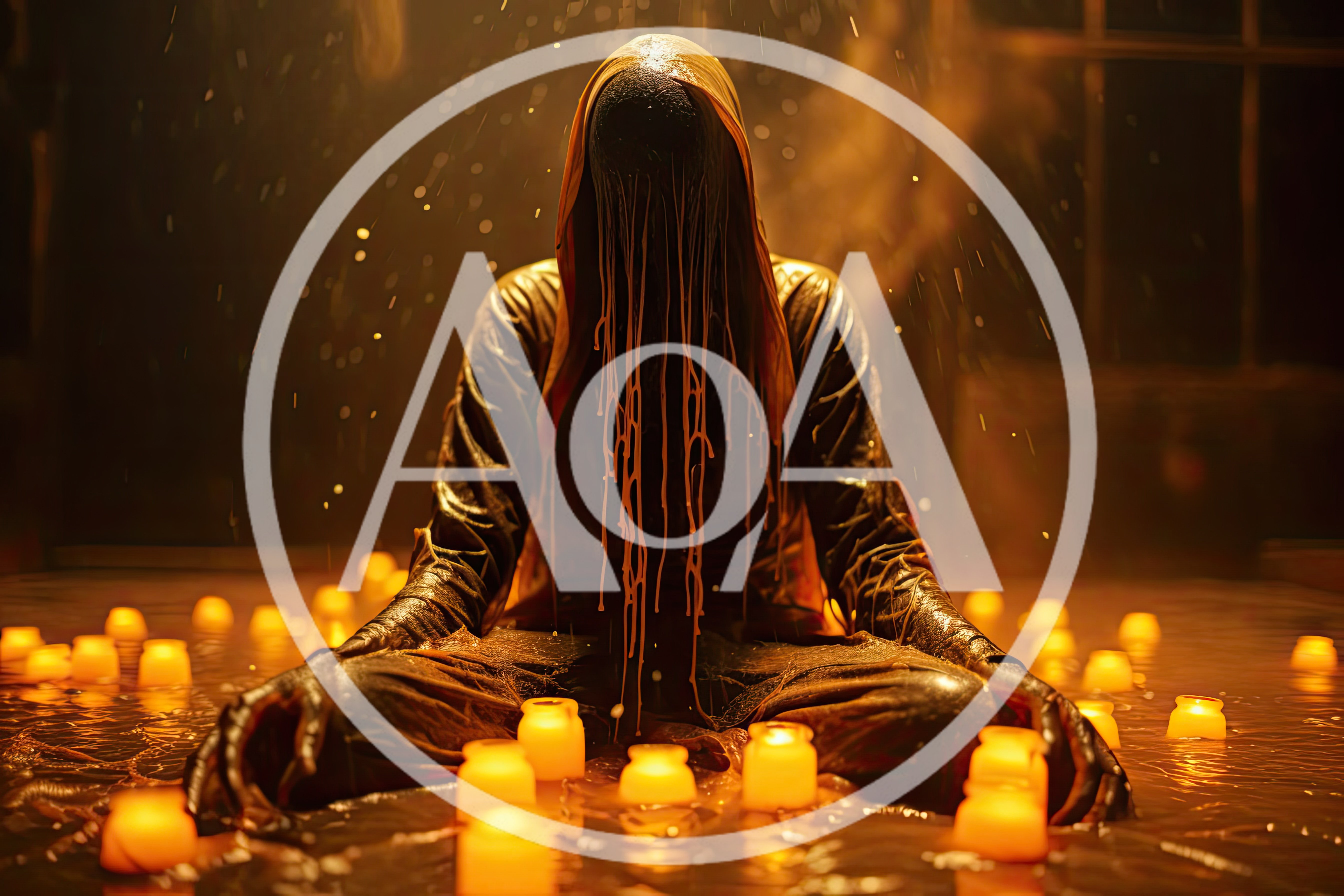 Mysterious Hooded Figure Meditating Amidst Glowing Candles