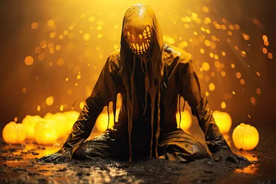 Creepy Melting Figure Kneeling Amidst Glowing Halloween Pumpkins