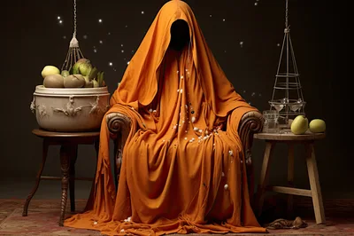 Mysterious Figure Draped In Orange Fabric Sitting In Chair