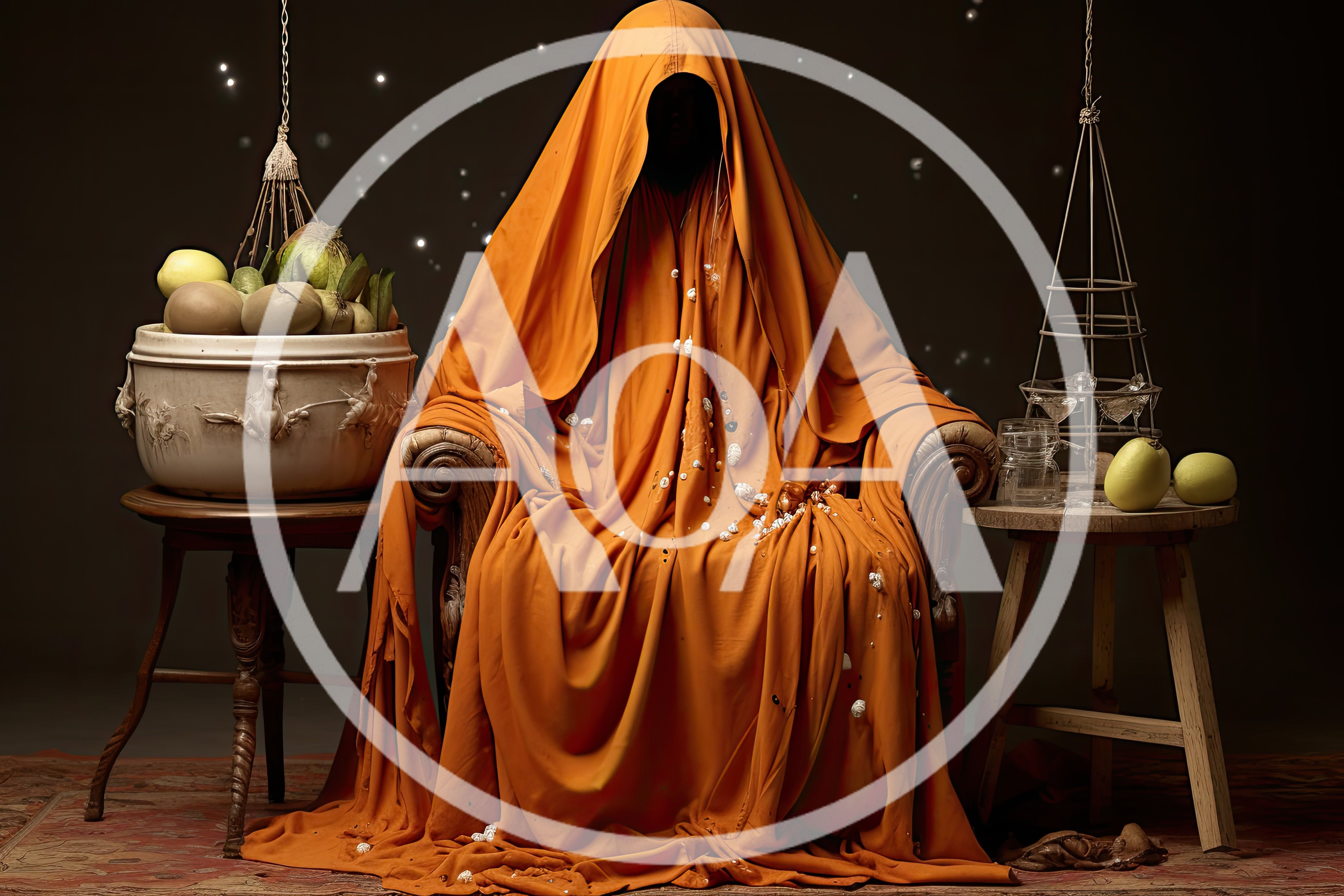 Mysterious Figure Draped In Orange Fabric Sitting In Chair