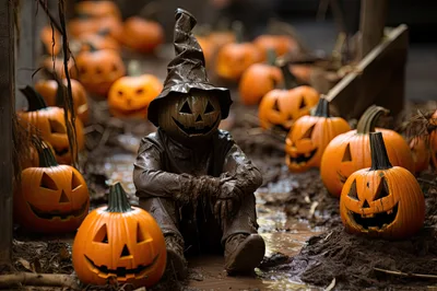Muddy Pumpkin Head Scarecrow Sitting Among Jack O Lanterns