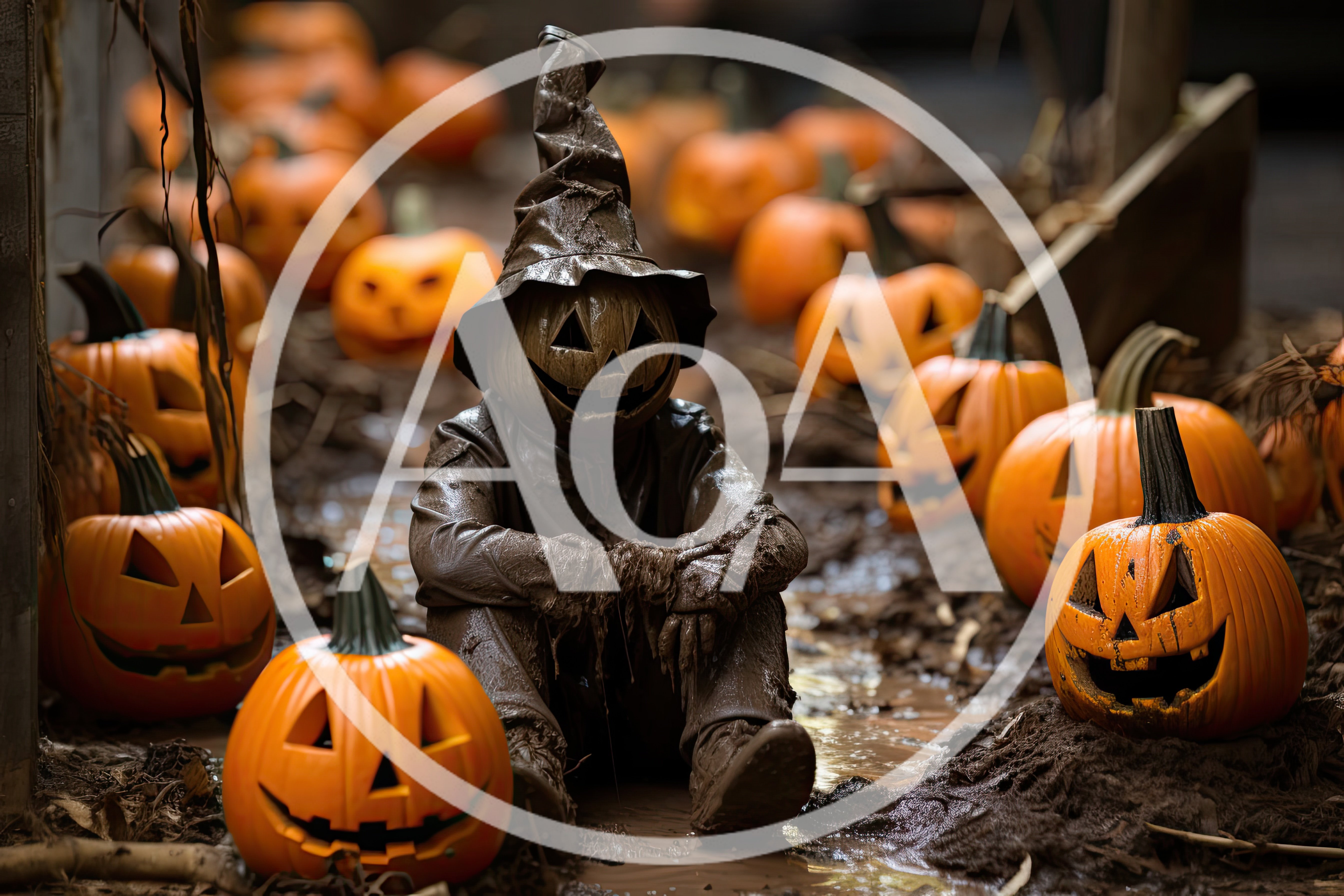 Muddy Pumpkin Head Scarecrow Sitting Among Jack O Lanterns