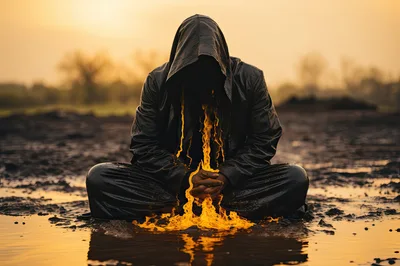 Hooded Figure Meditating With Liquid Fire