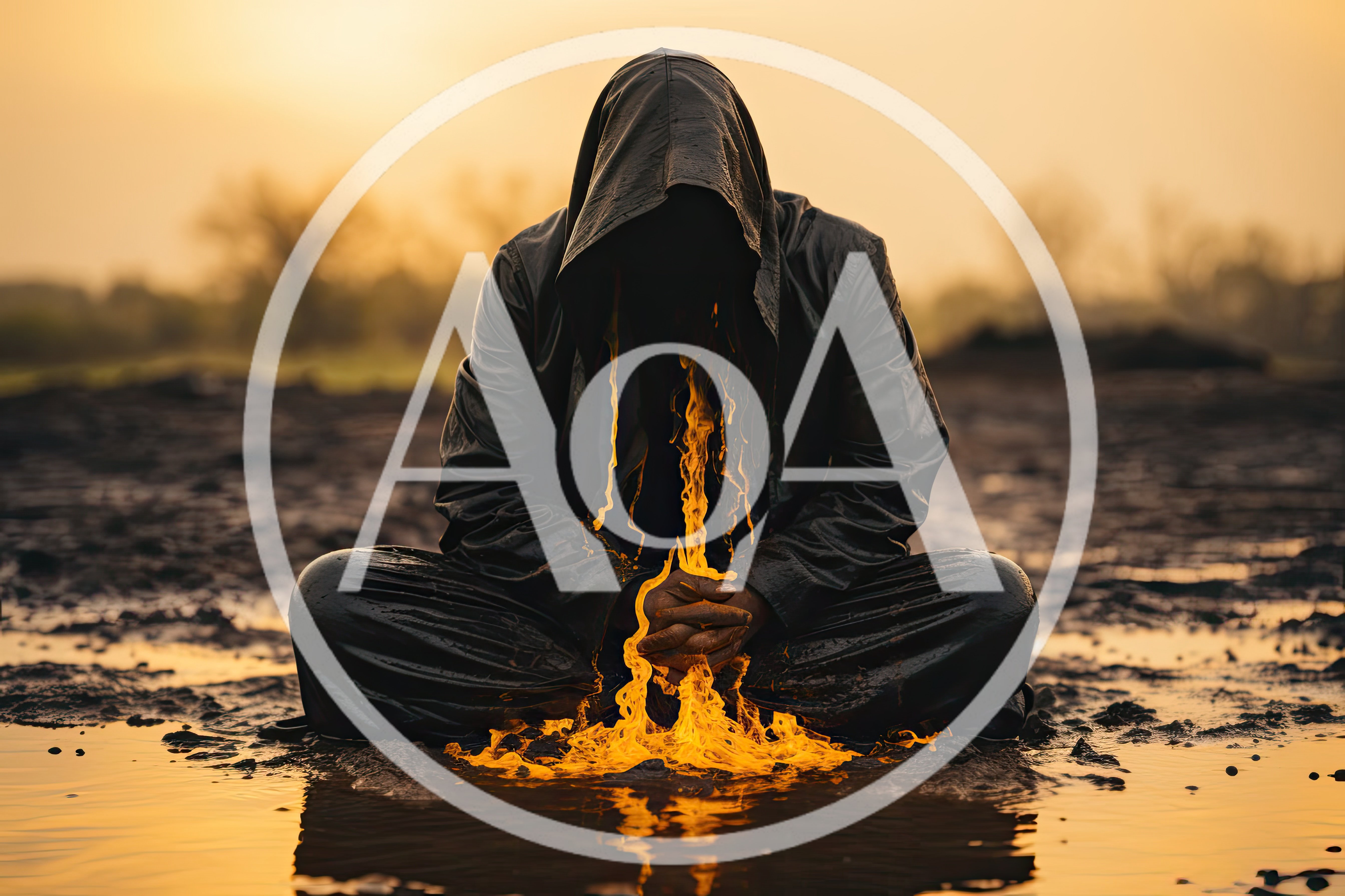 Hooded Figure Meditating With Liquid Fire