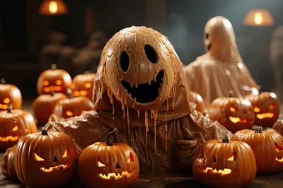 Melting Chocolate Ghost Figure Surrounded By Glowing Jack O Lanterns