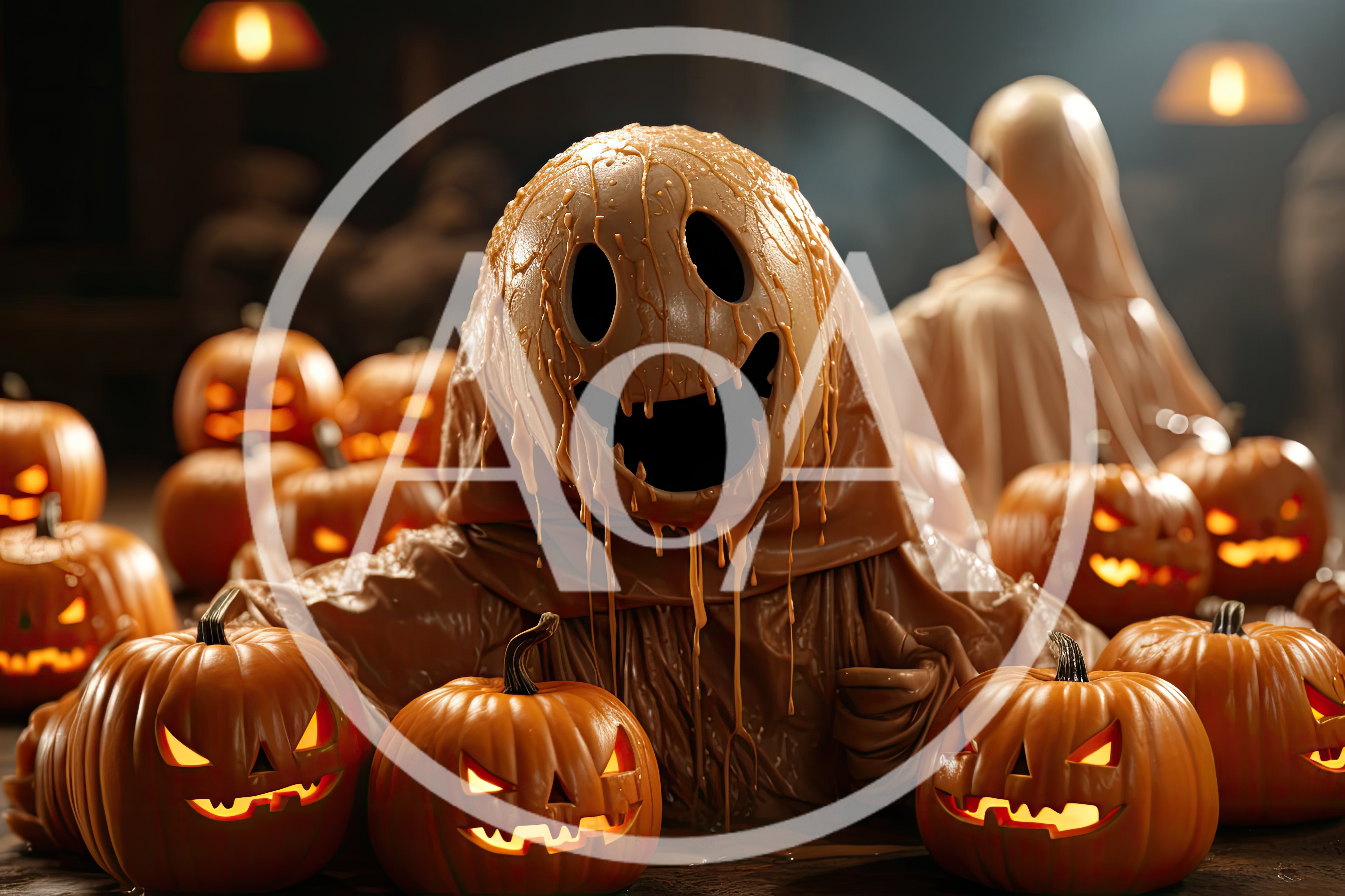 Melting Chocolate Ghost Figure Surrounded By Glowing Jack O Lanterns