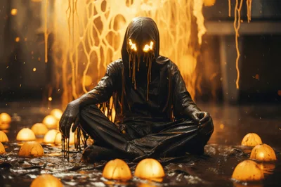 Dark Hooded Figure Meditating Amidst Glowing Orbs