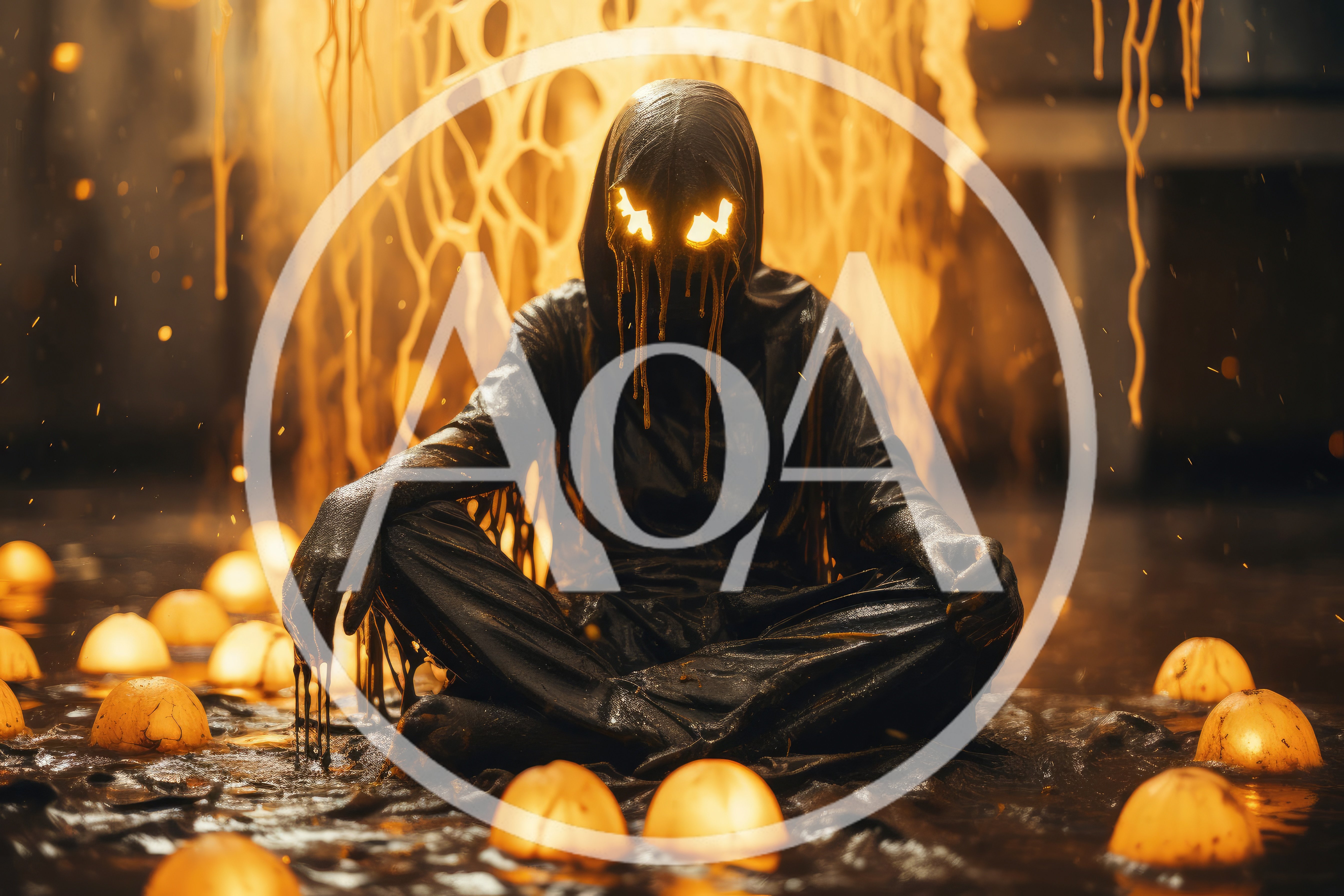 Dark Hooded Figure Meditating Amidst Glowing Orbs