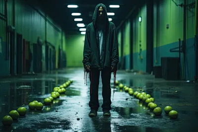 Mysterious Hooded Figure Standing In A Dark Industrial Hallway