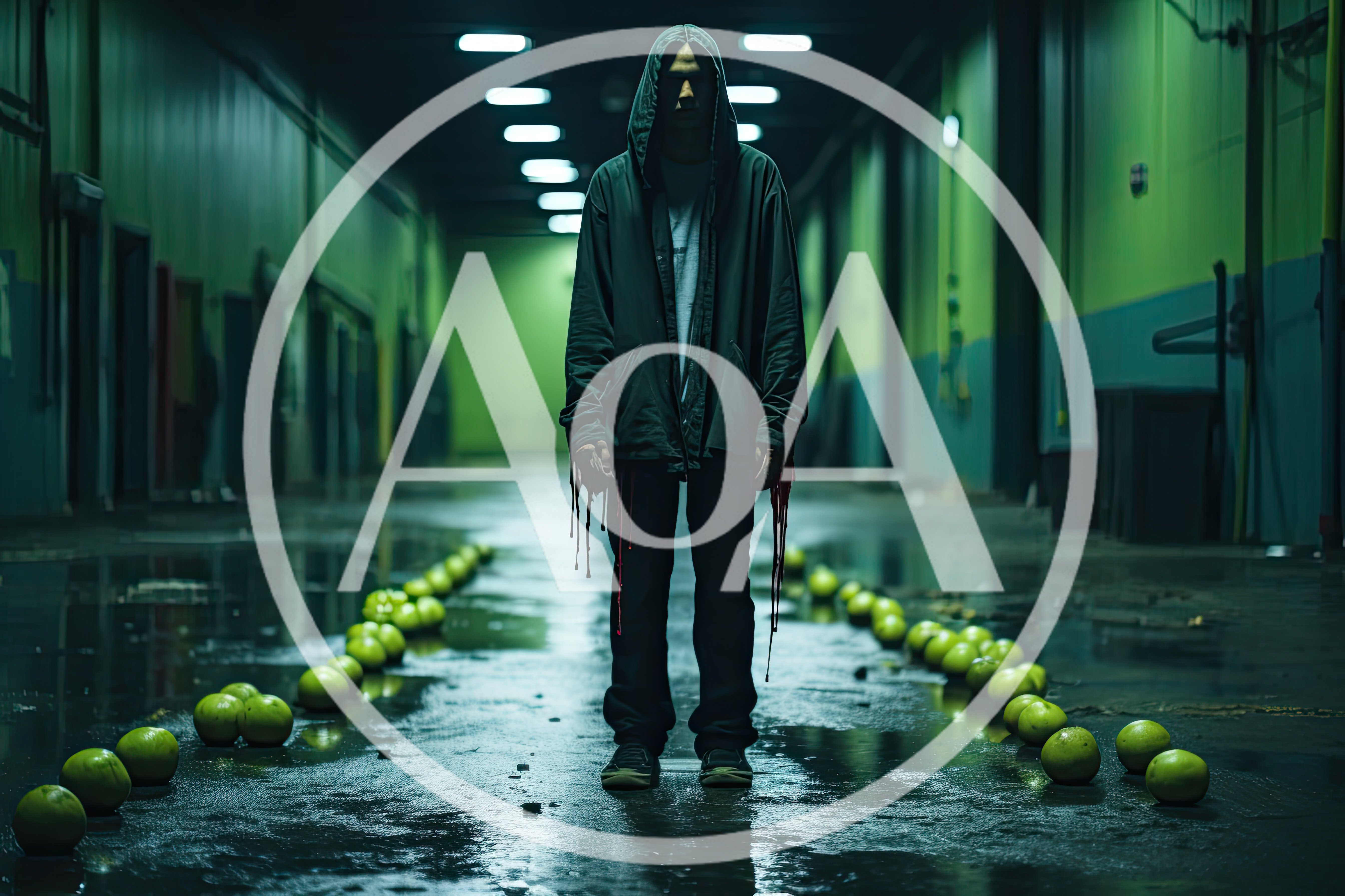 Mysterious Hooded Figure Standing In A Dark Industrial Hallway