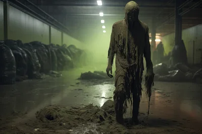 Eerie Mud Covered Figure Standing In Industrial Warehouse