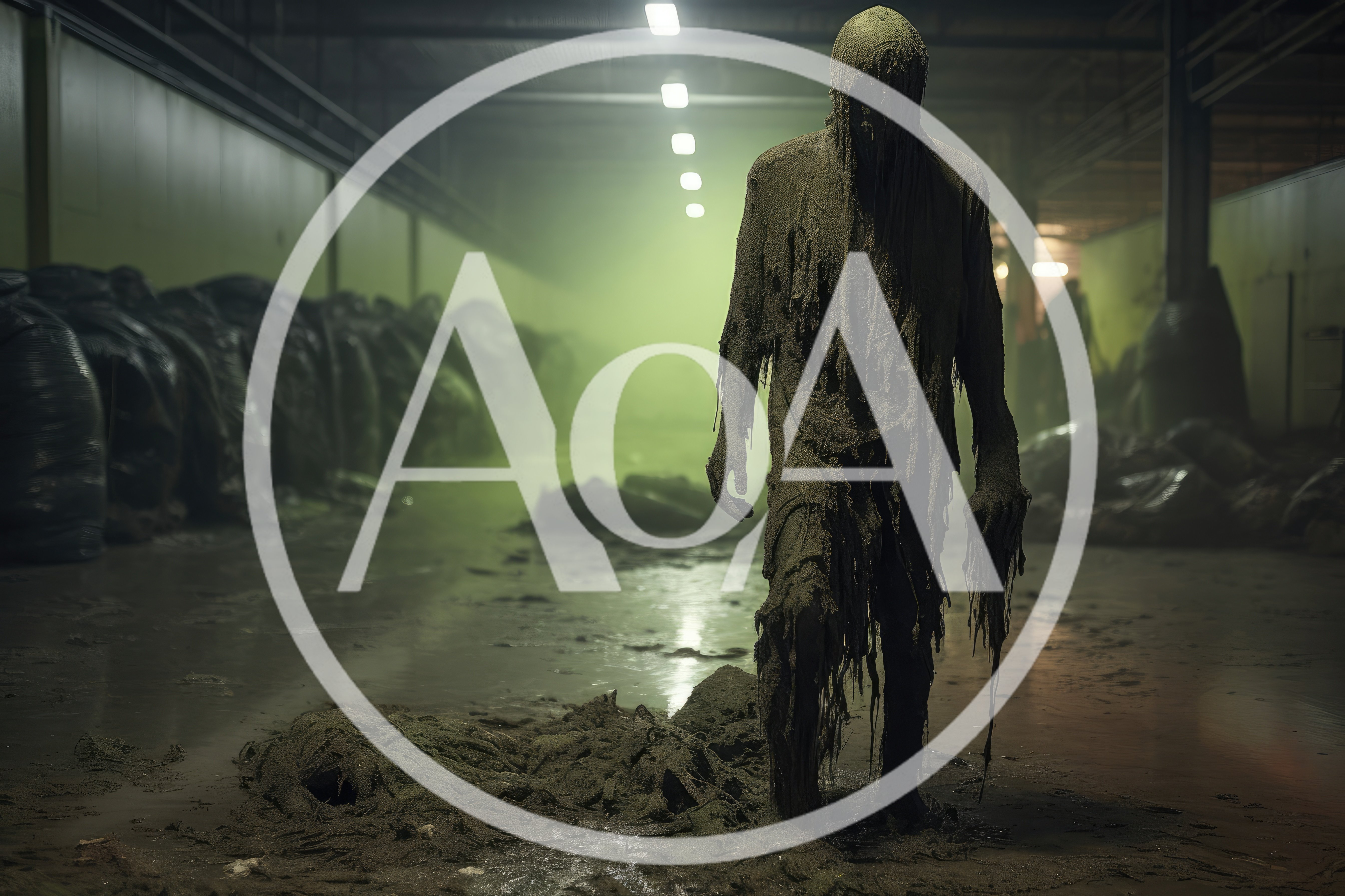Eerie Mud Covered Figure Standing In Industrial Warehouse